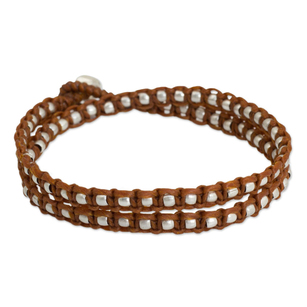 Silver Accents Wrap Bracelet Thai Hill Tribe Jewelry - Floral Moon in Brown