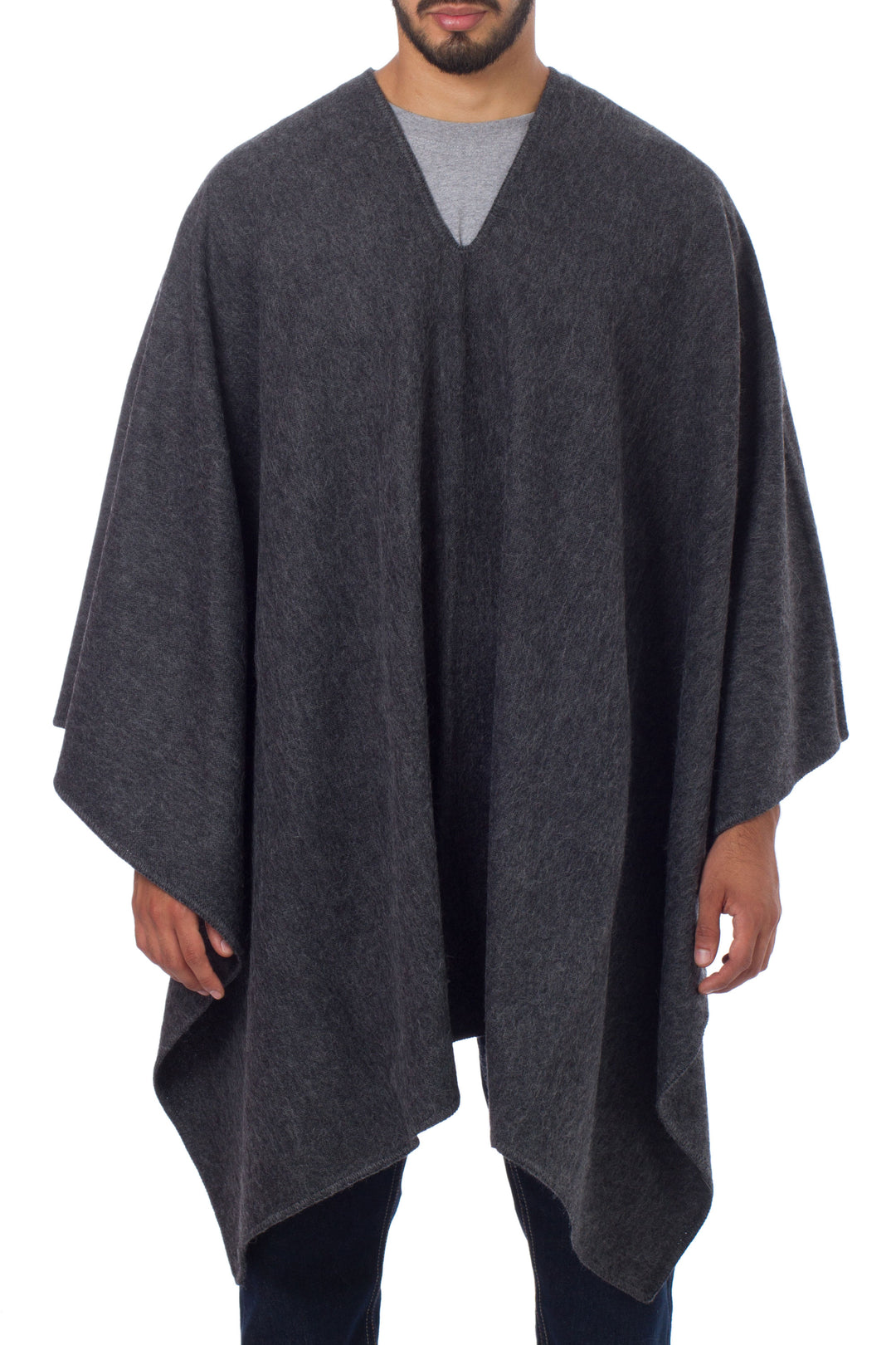 V-neck Poncho for Men Artisan Crafted in Peru - Inca Explorer in Gray