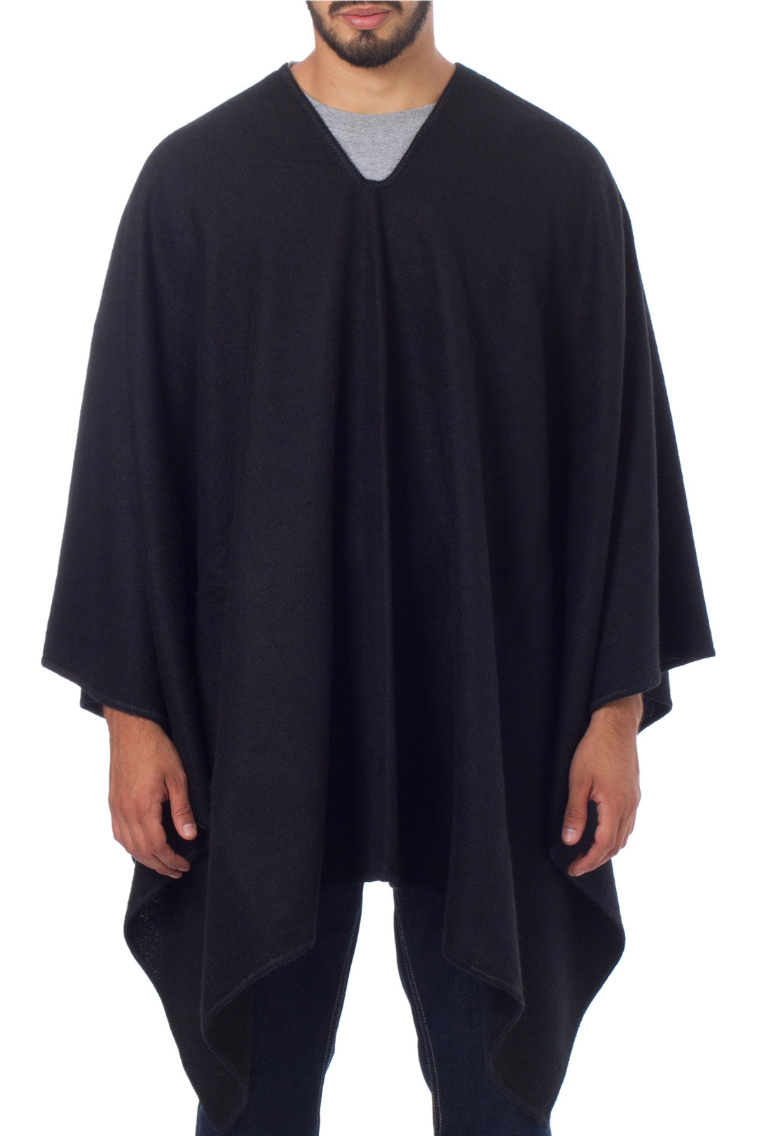 Peruvian Poncho for Men in Warm Alpaca Blend - Inca Explorer in Black