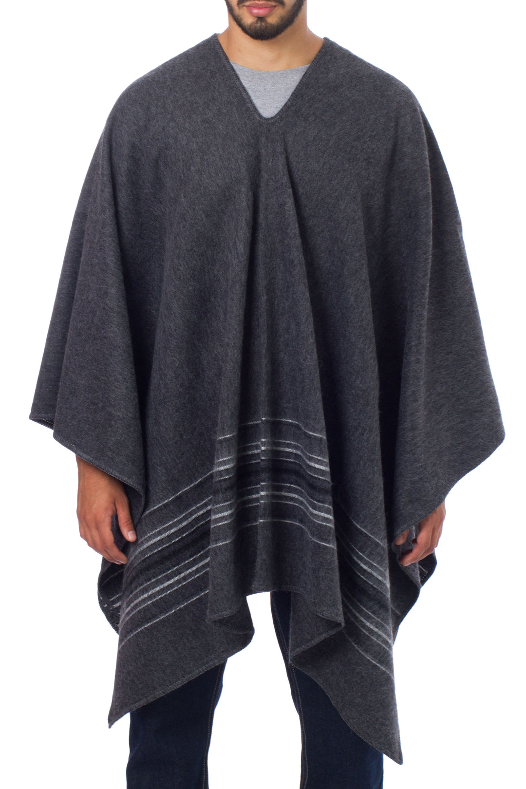 Warm Men's Alpaca Blend Poncho with V-neck from Peru - Gray Nazca