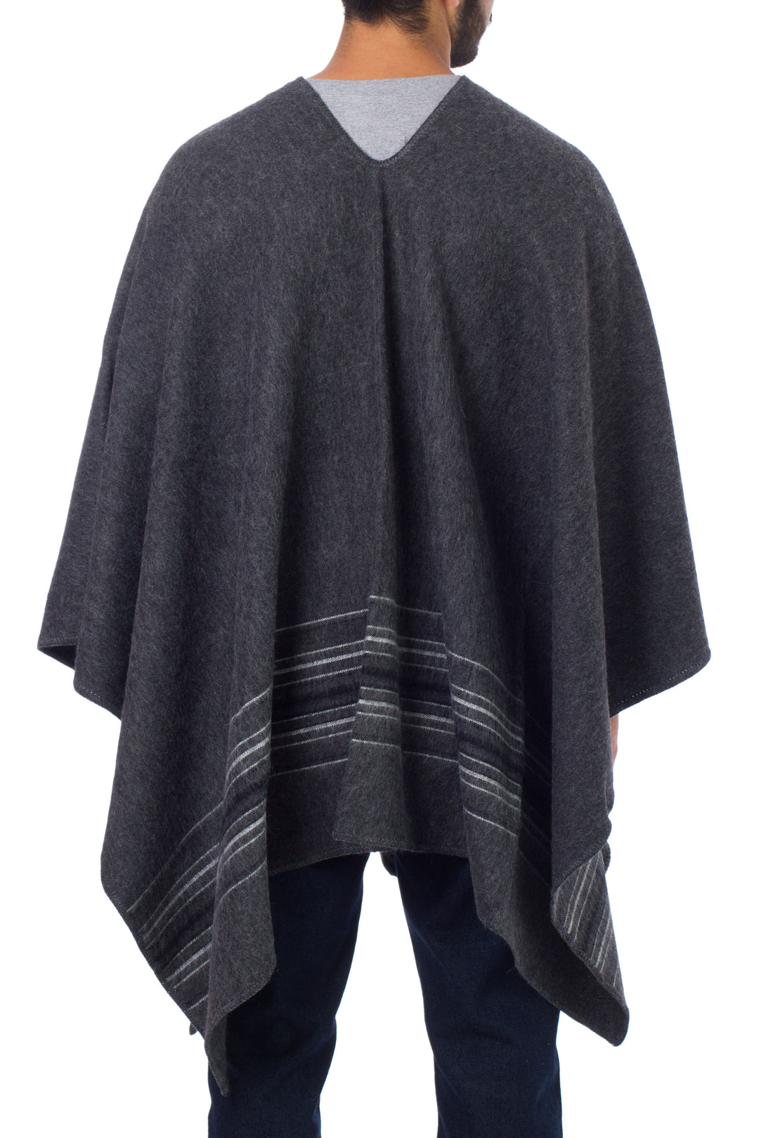 Warm Men's Alpaca Blend Poncho with V-neck from Peru - Gray Nazca