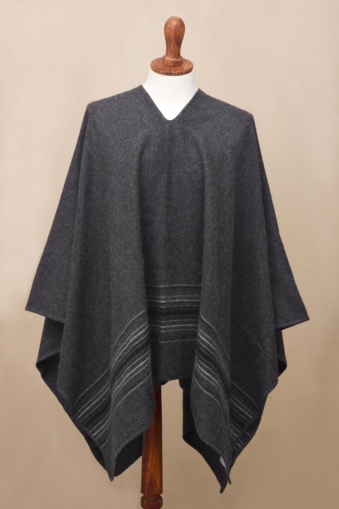 Warm Men's Alpaca Blend Poncho with V-neck from Peru - Gray Nazca