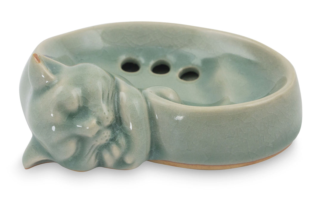 Celadon Ceramic Soap Dish Crafted by Hand in Thailand - Light Blue Napping Kitty