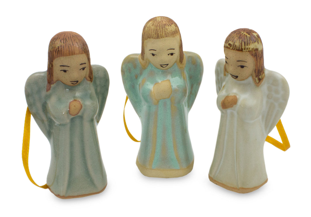 3 Handmade Angel Ornaments in Celadon Ceramic - Christmas Angel