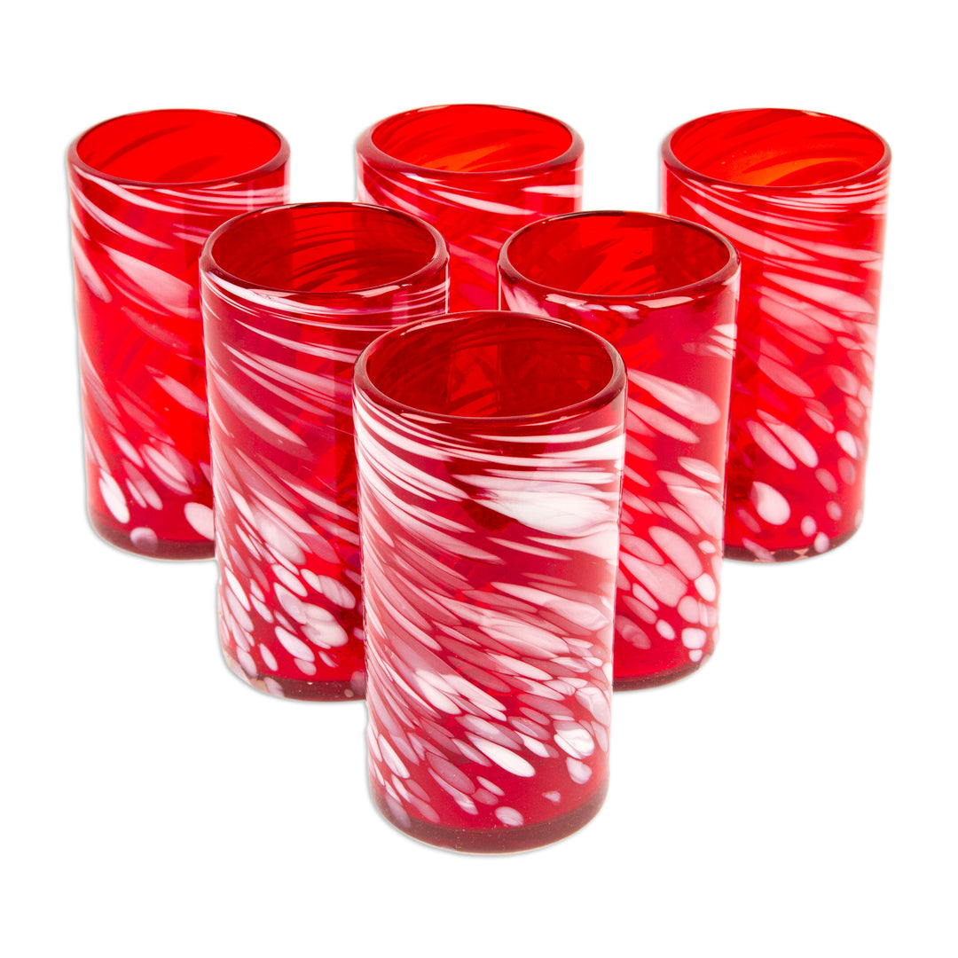Set of 6 Red Artisan Crafted Hand Blown Glasses - Ruby Splash