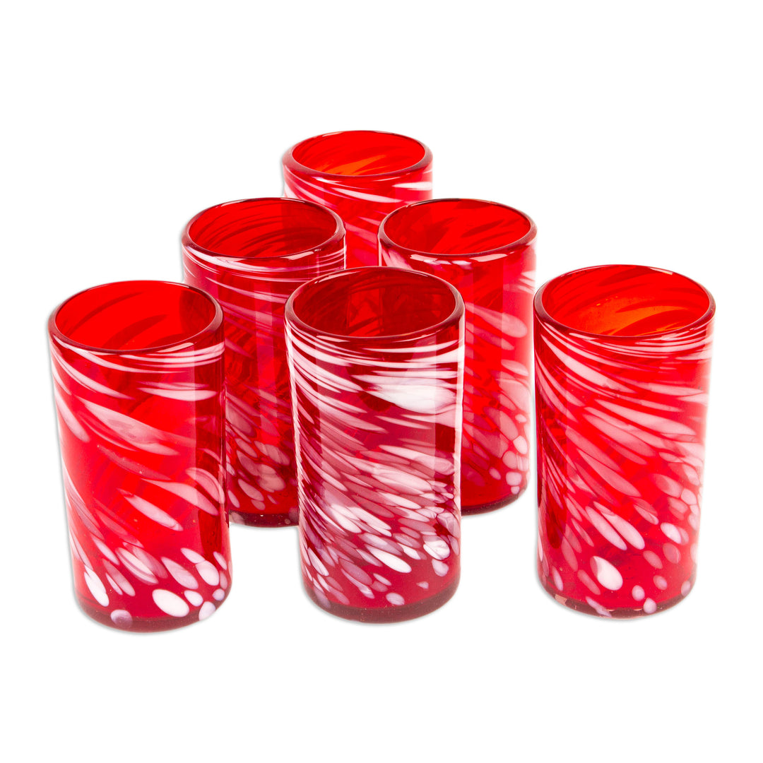 Set of 6 Red Artisan Crafted Hand Blown Glasses - Ruby Splash