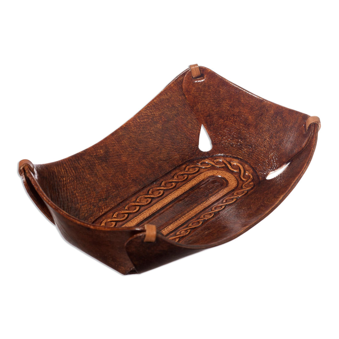 Leather Catch All Handcrafted in Peru of Tooled Leather - Brown Lasso Labyrinth