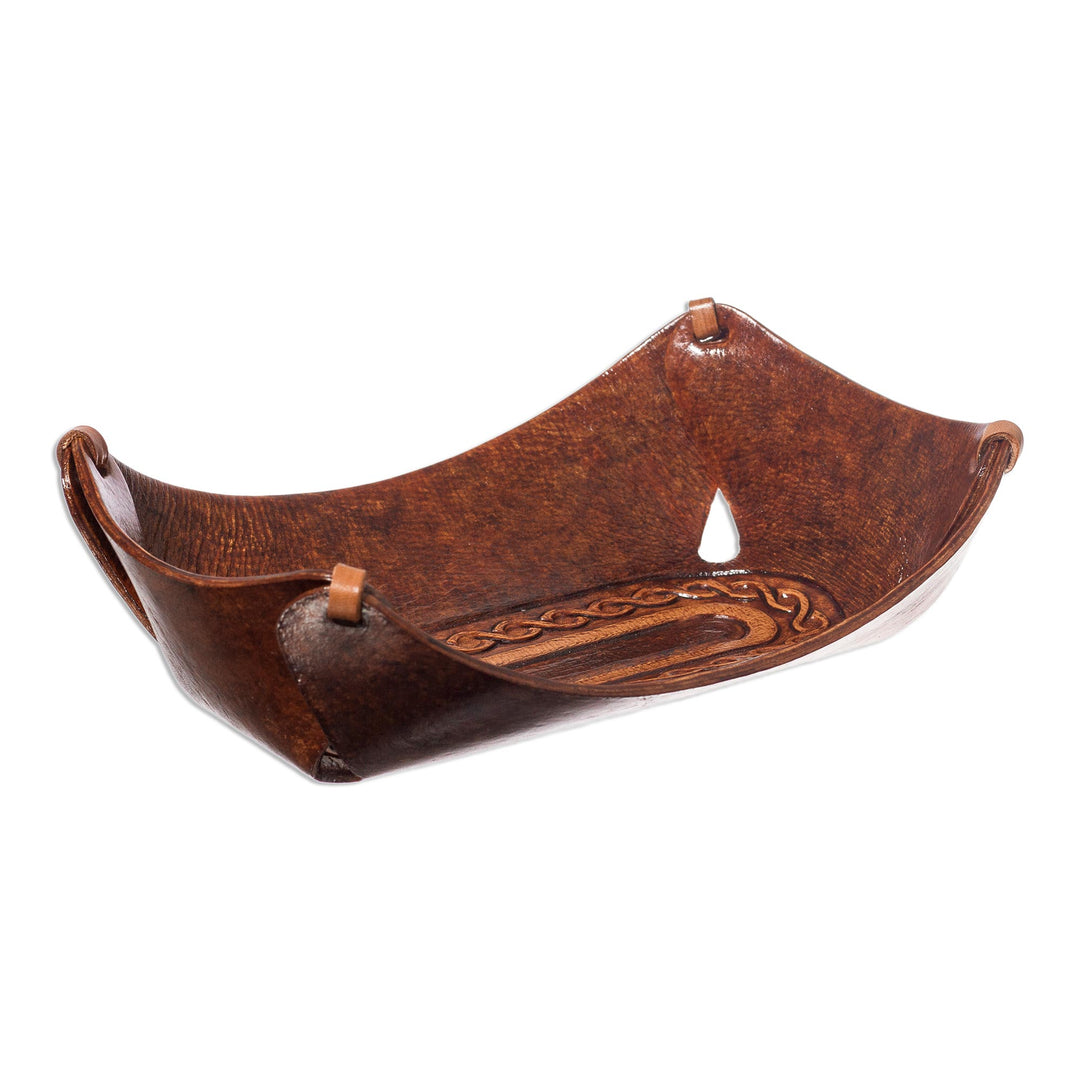 Leather Catch All Handcrafted in Peru of Tooled Leather - Brown Lasso Labyrinth