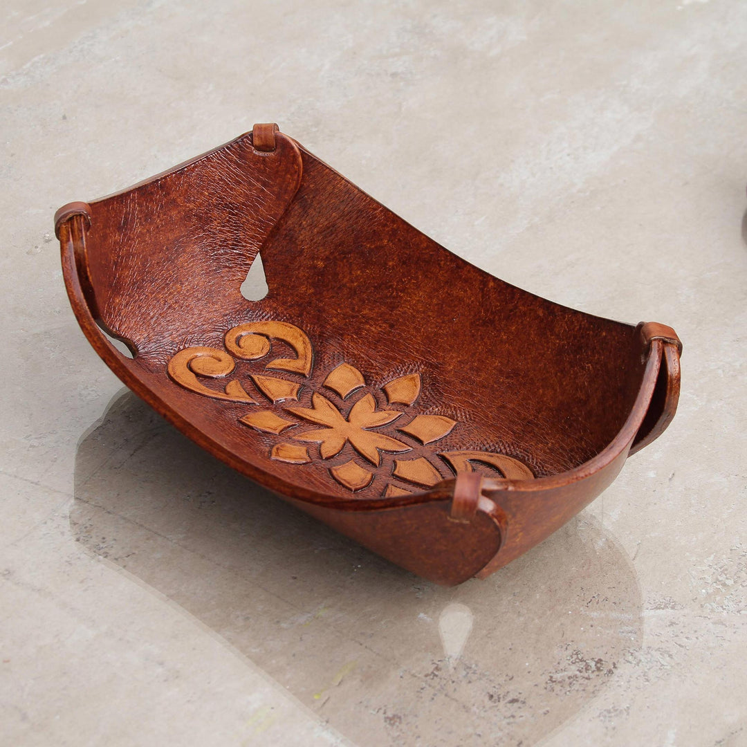 Leather Catchall in Honey Brown Artisan Crafted in Peru - Floral Star