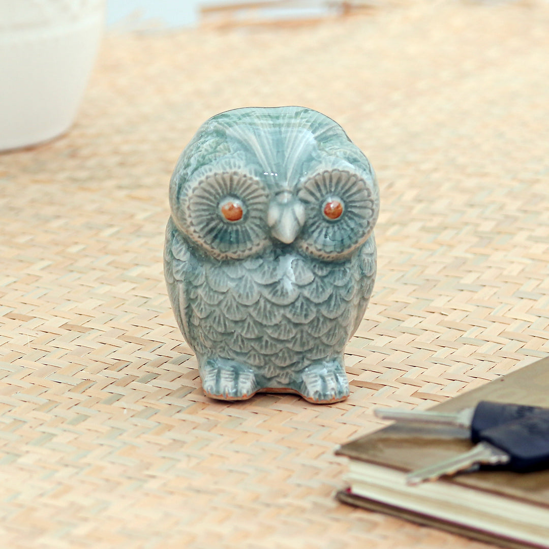 Blue Celadon Ceramic Owl Figurine - Little Blue Owl