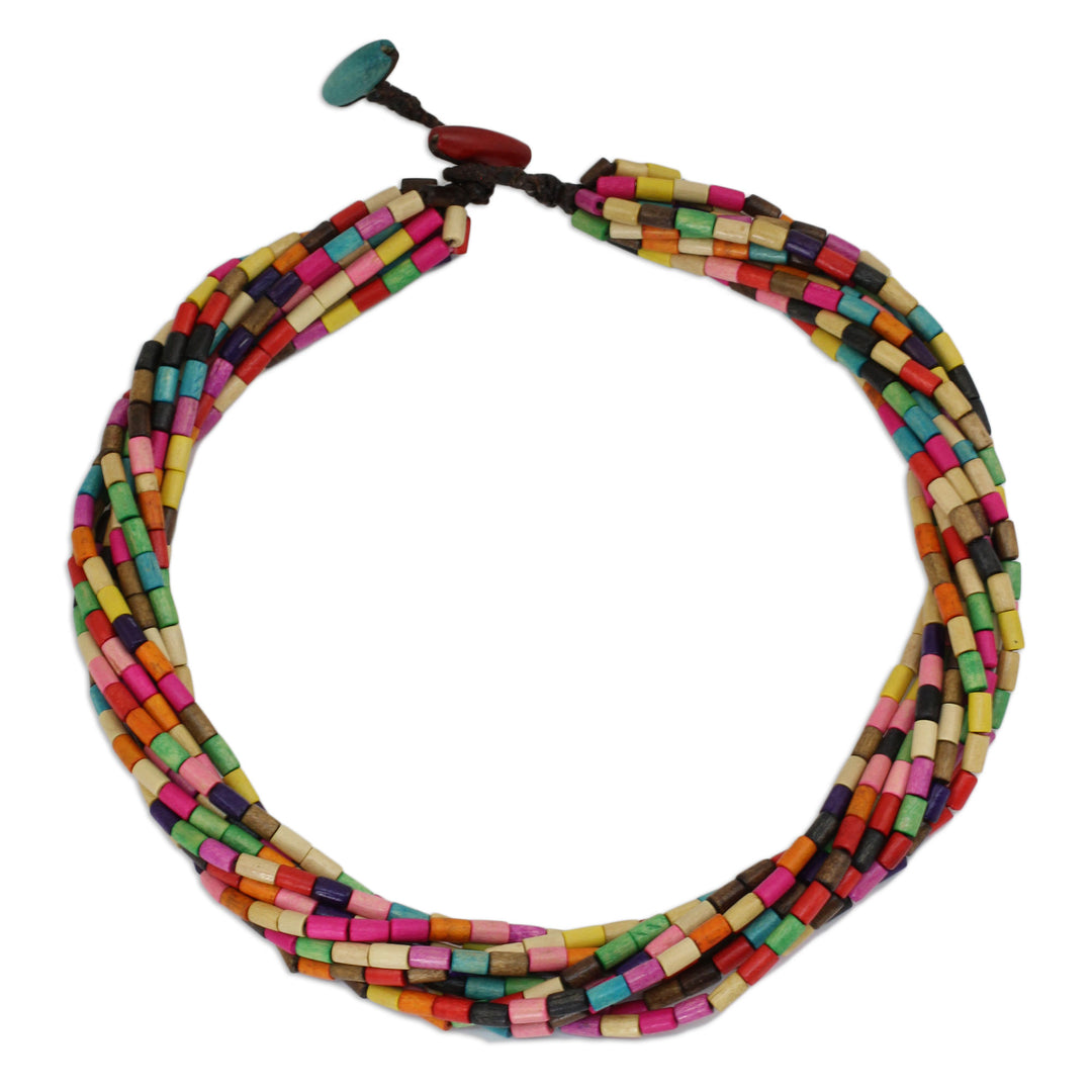 Artisan Crafted Wood Beaded Necklace in Rainbow Colors - Phuket Belle