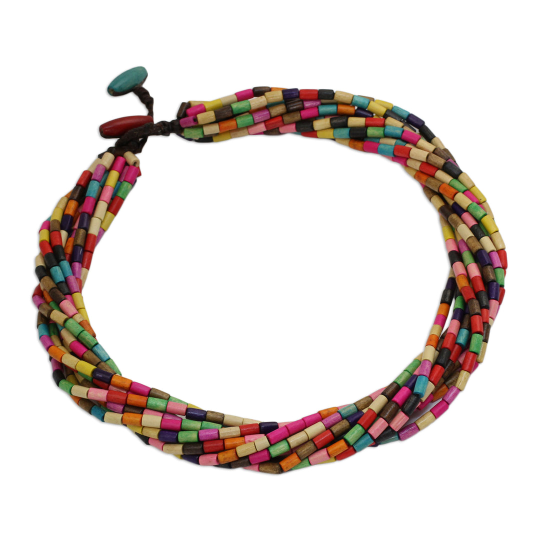Artisan Crafted Wood Beaded Necklace in Rainbow Colors - Phuket Belle