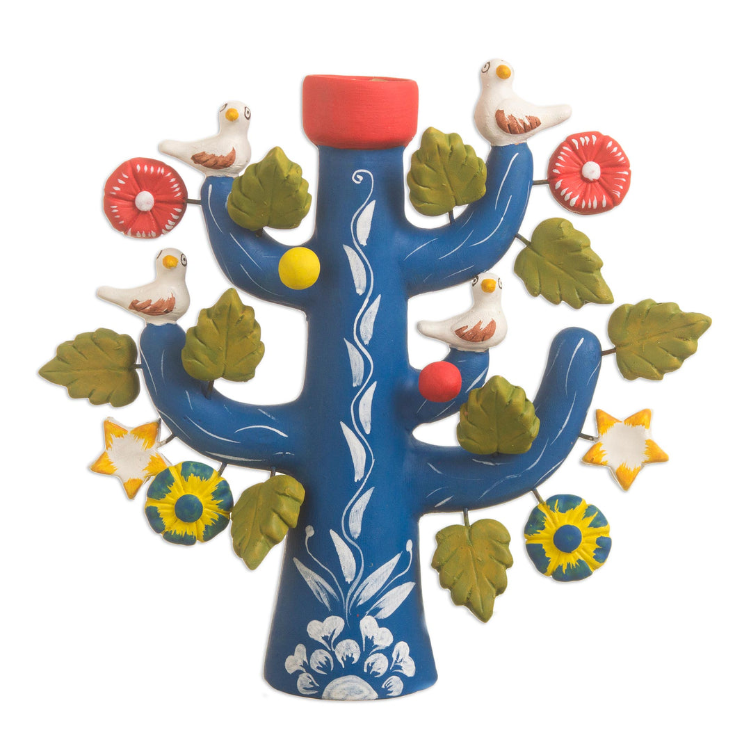 Artisan Crafted Ceramic Folk Art Candleholder from Peru - Ocean Tree of Life