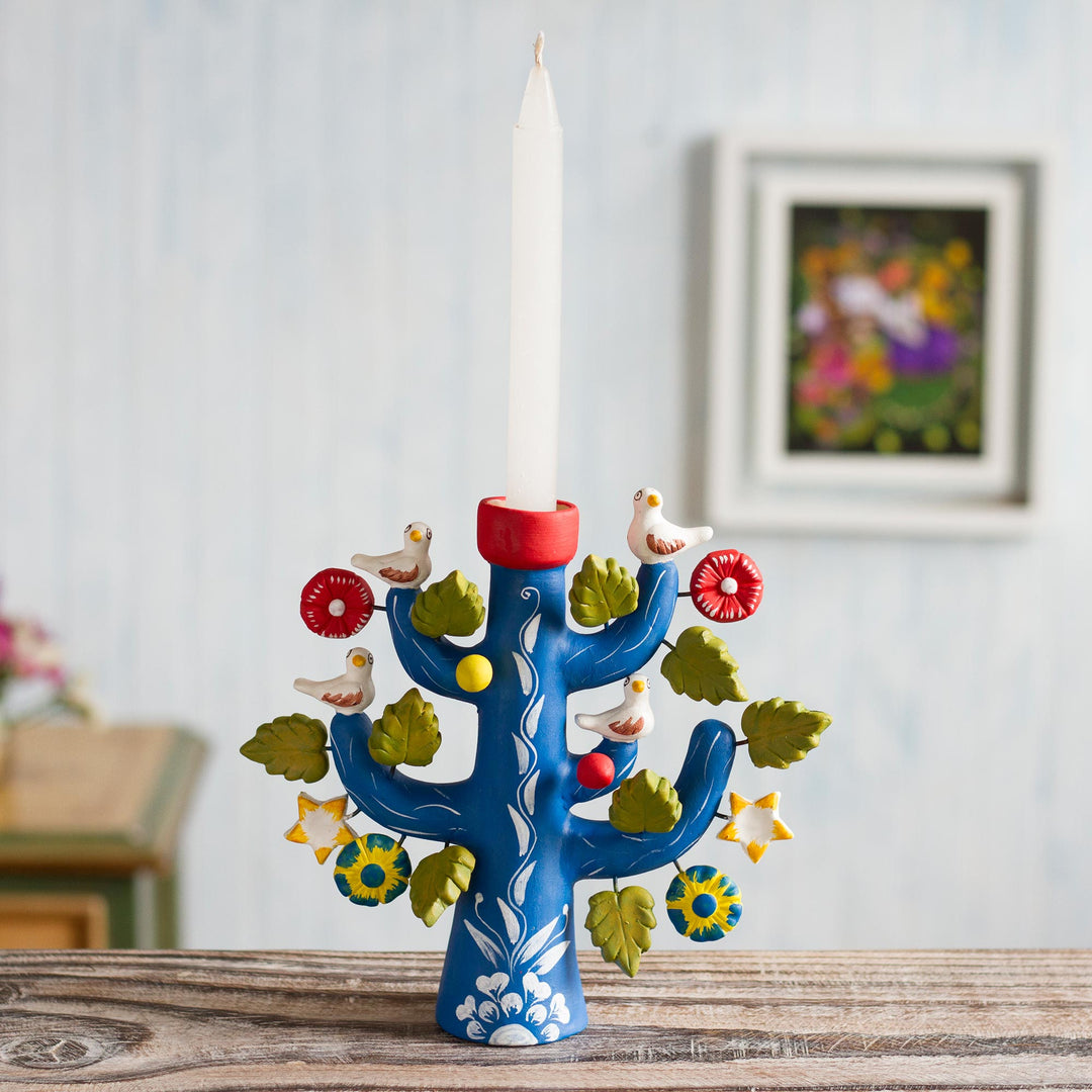 Artisan Crafted Ceramic Folk Art Candleholder from Peru - Ocean Tree of Life