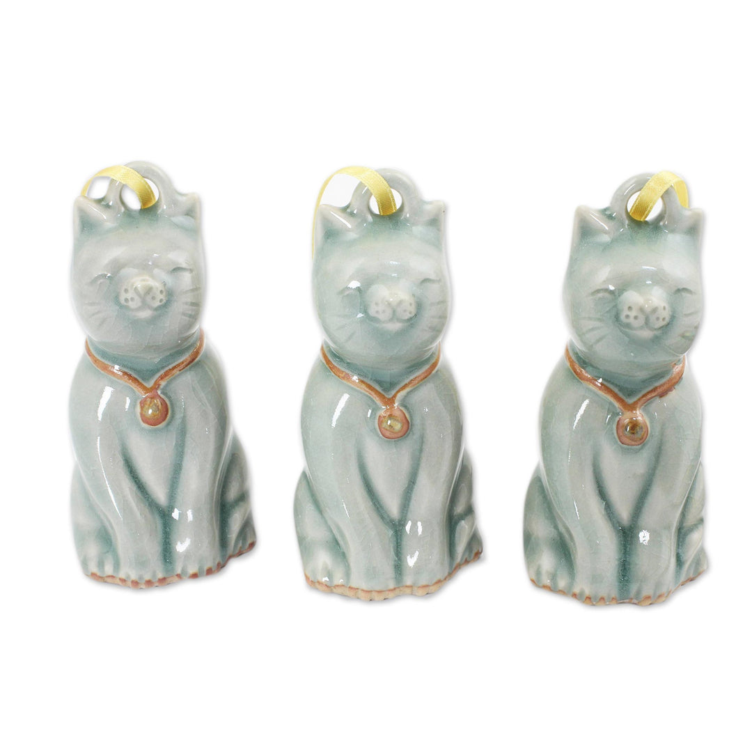 Artisan Crafted Celadon Ceramic Ornaments (set of 3) - Light Blue Festive Cats