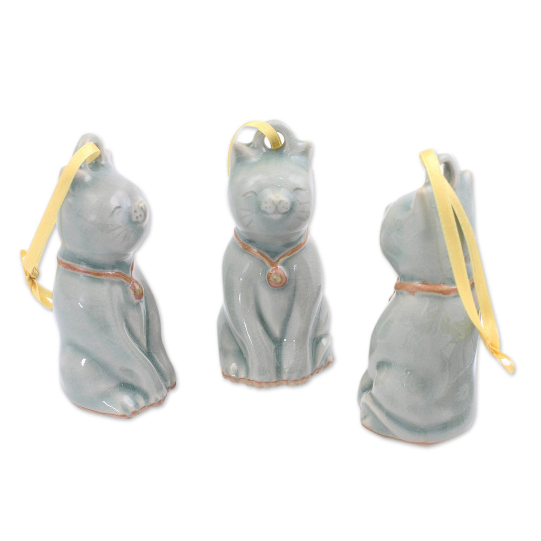 Artisan Crafted Celadon Ceramic Ornaments (set of 3) - Light Blue Festive Cats