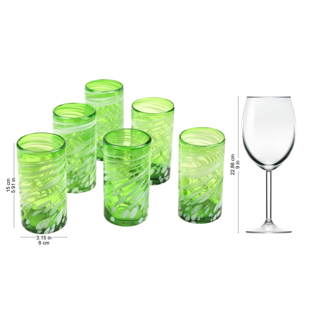Set of 6 Handblown Green and White Drinking Glasses - Festive Green