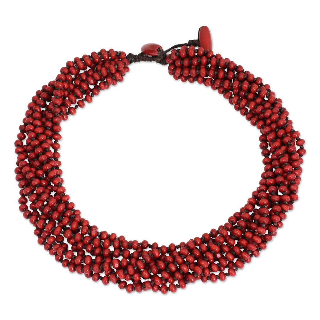 Red Torsade Necklace Wood Beaded Jewelry - Bangkok Belle