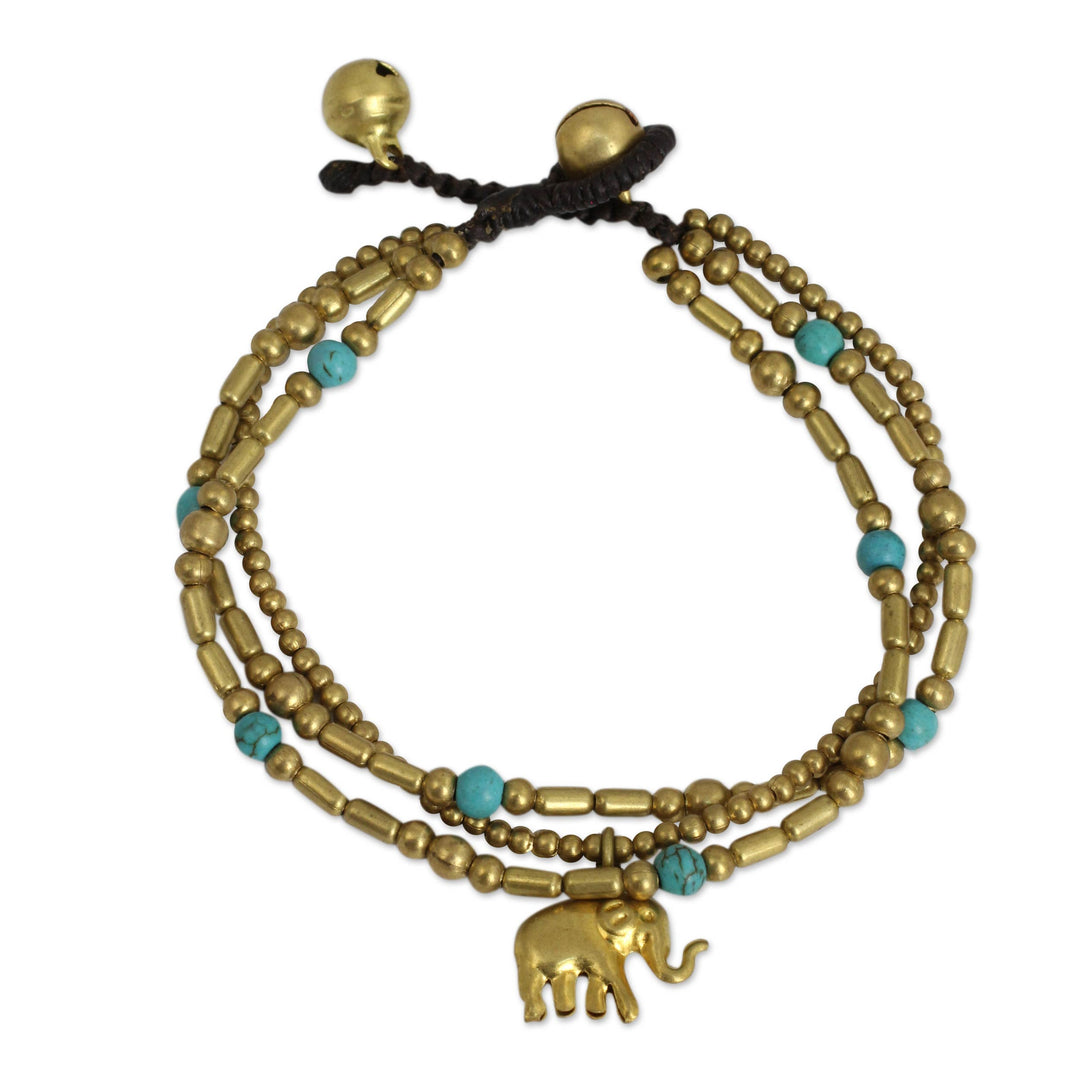 Brass Bracelet Turquoise-color Gems Beaded Jewelry - Thai Elephant Charm