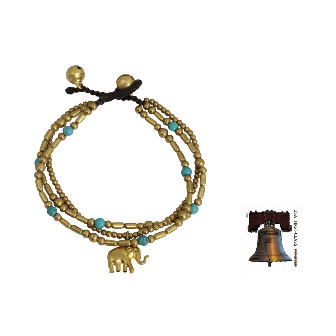 Brass Bracelet Turquoise-color Gems Beaded Jewelry - Thai Elephant Charm