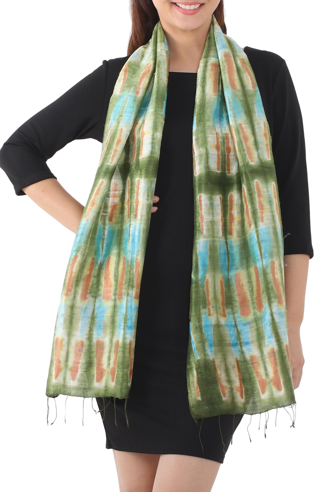 Tie Dye Green and Blue Silk Scarf from Thailand - Green Thai River