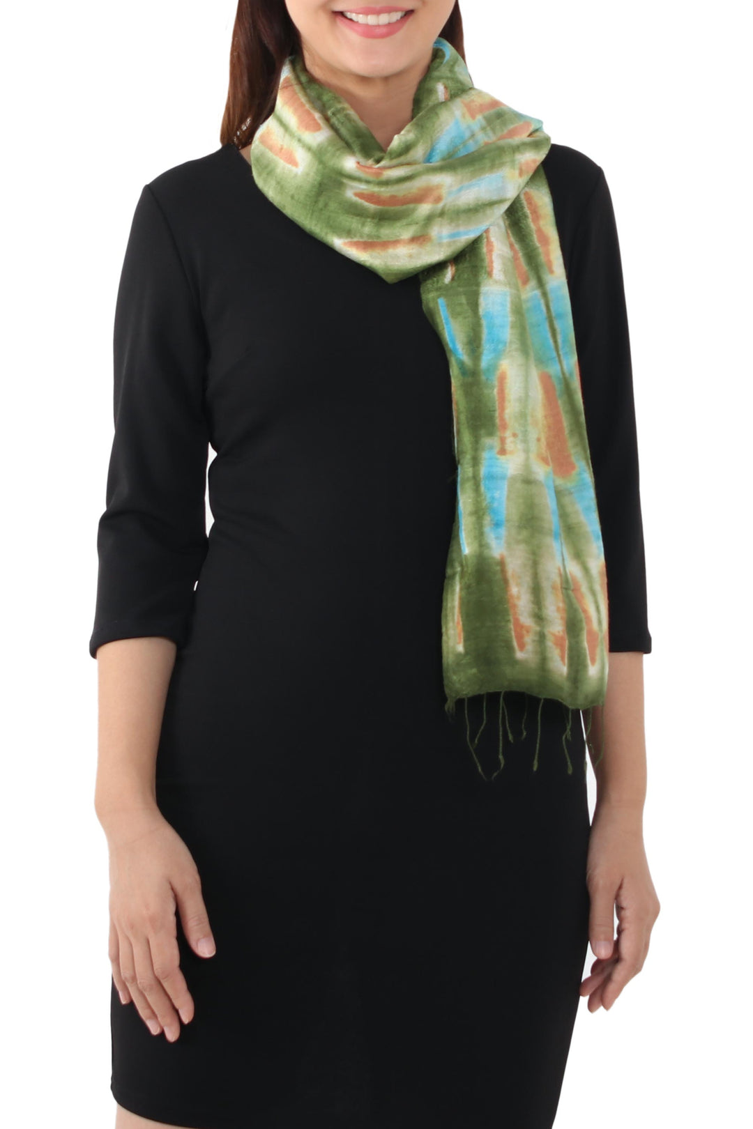 Tie Dye Green and Blue Silk Scarf from Thailand - Green Thai River