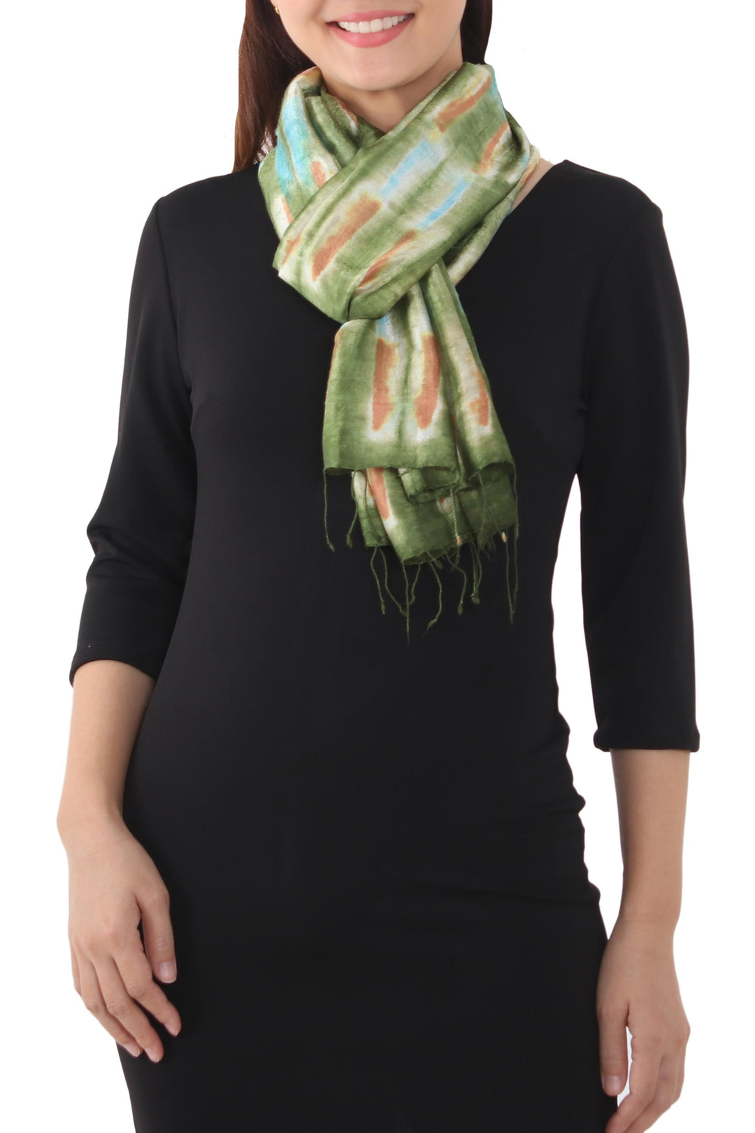 Tie Dye Green and Blue Silk Scarf from Thailand - Green Thai River