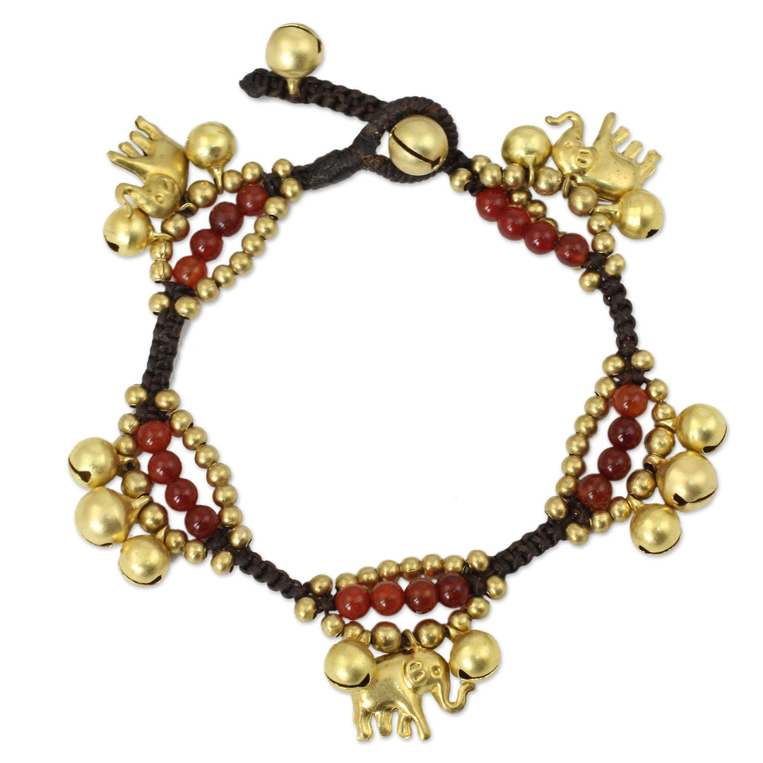 Elephant and Bell Charm Bracelet in Carnelian and Brass - Fortune's Melody