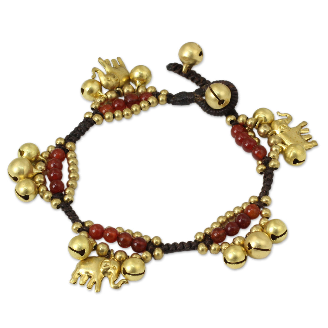Elephant and Bell Charm Bracelet in Carnelian and Brass - Fortune's Melody