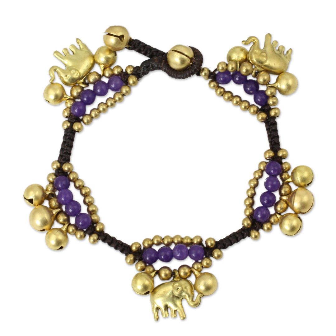 Elephant and Bell Charm Bracelet in Purple Quartz and Brass - Fortune's Melody