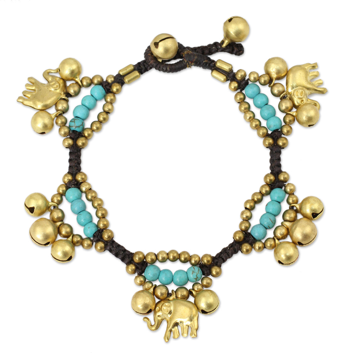 Elephant and Bell Charm Bracelet in Blue Gems and Brass - Fortune's Blue Melody
