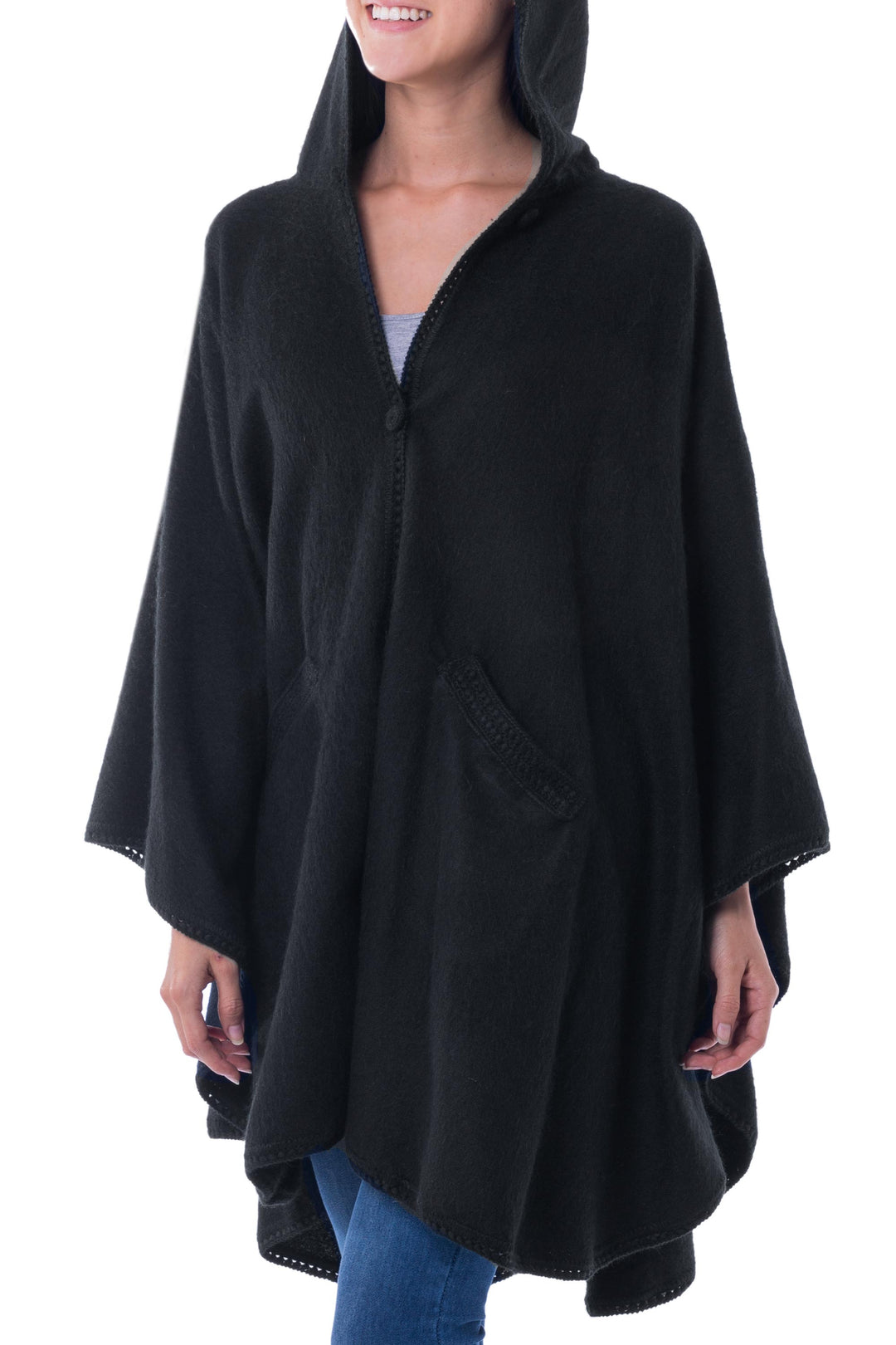 Andean Alpaca Blend Ruana Cape with Hood - Glamorous Night