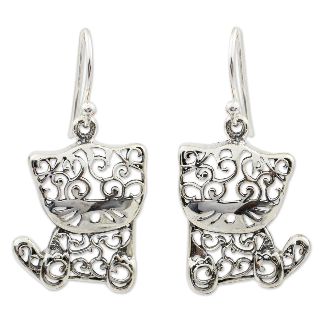 Sterling Silver Cat Earrings - Filigree Kitten