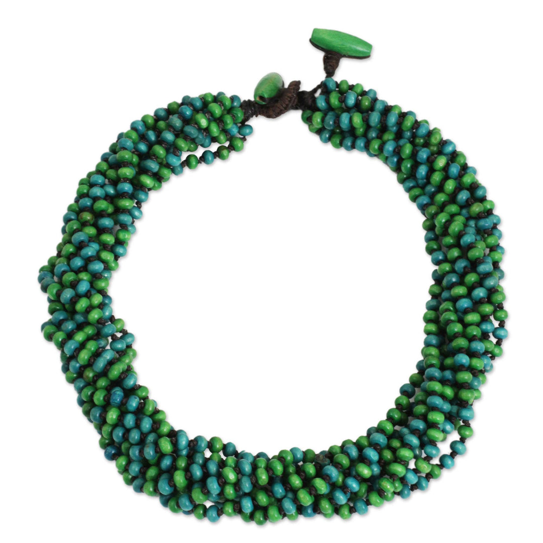Blue Green Torsade Necklace Wood Beaded Jewelry - Chao Phraya Belle