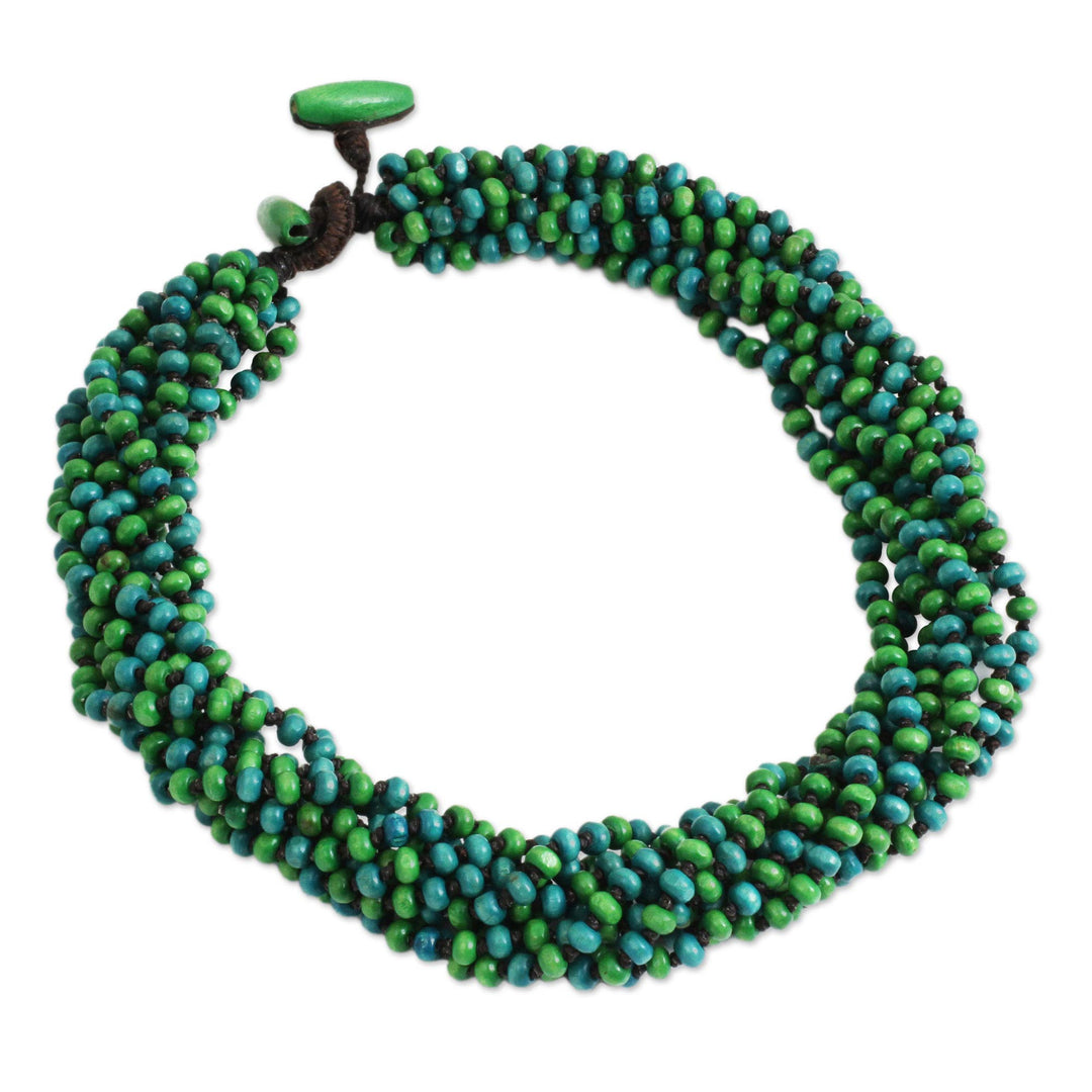 Blue Green Torsade Necklace Wood Beaded Jewelry - Chao Phraya Belle