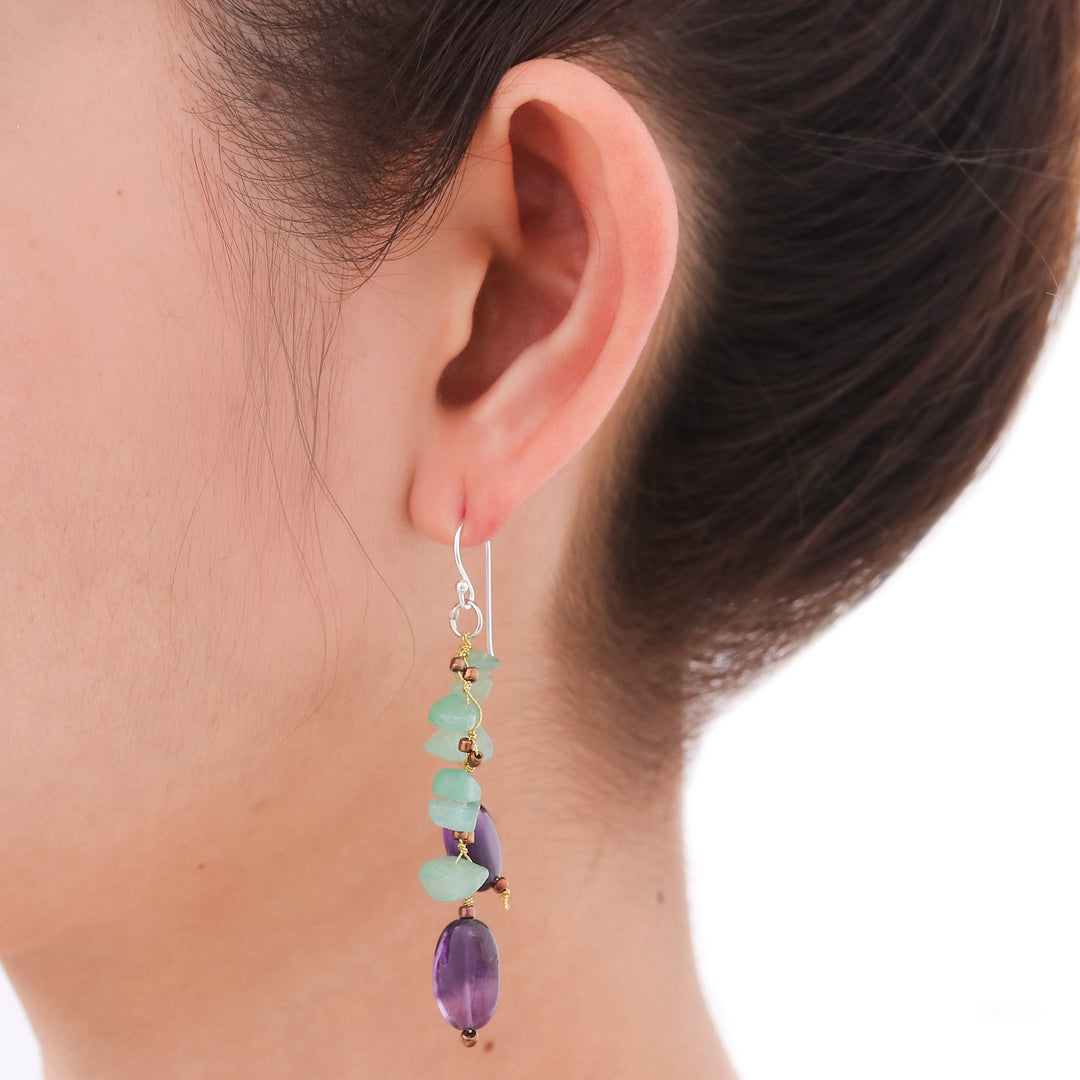 Handcrafted Aventurine and Amethyst Beaded Earrings - Mystic Jungle