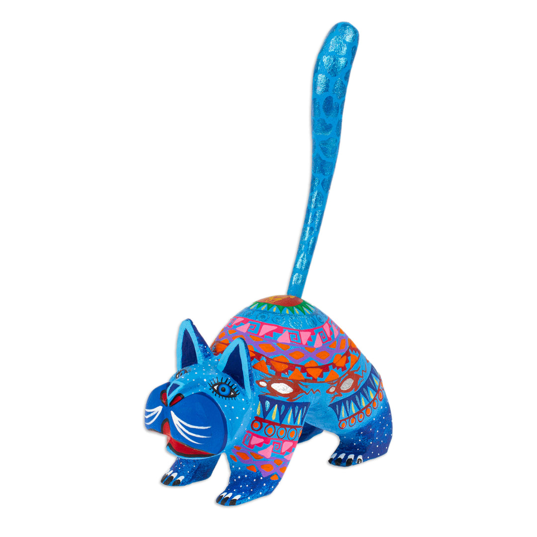 Mexican Alebrije Cat Sculpture - Blue Cat Greeting