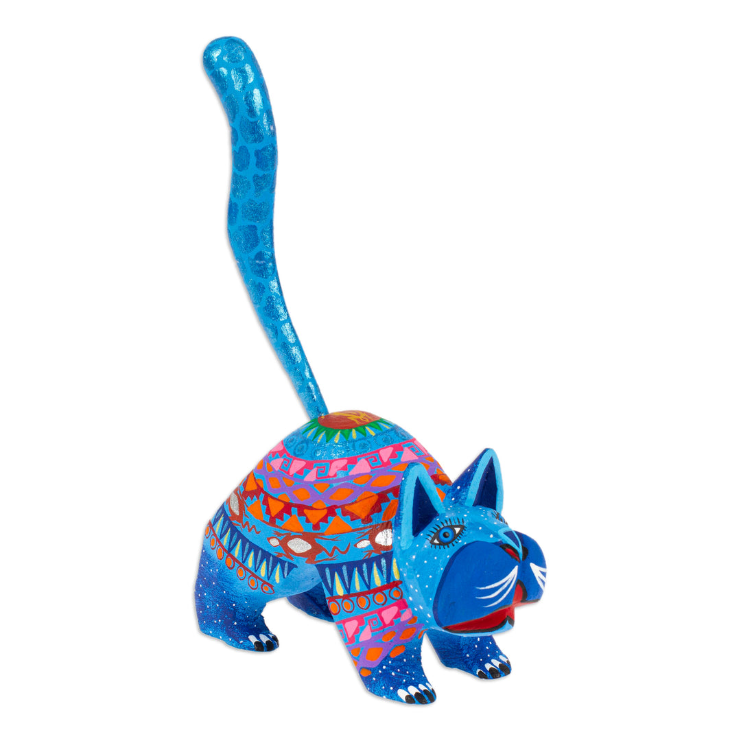 Mexican Alebrije Cat Sculpture - Blue Cat Greeting