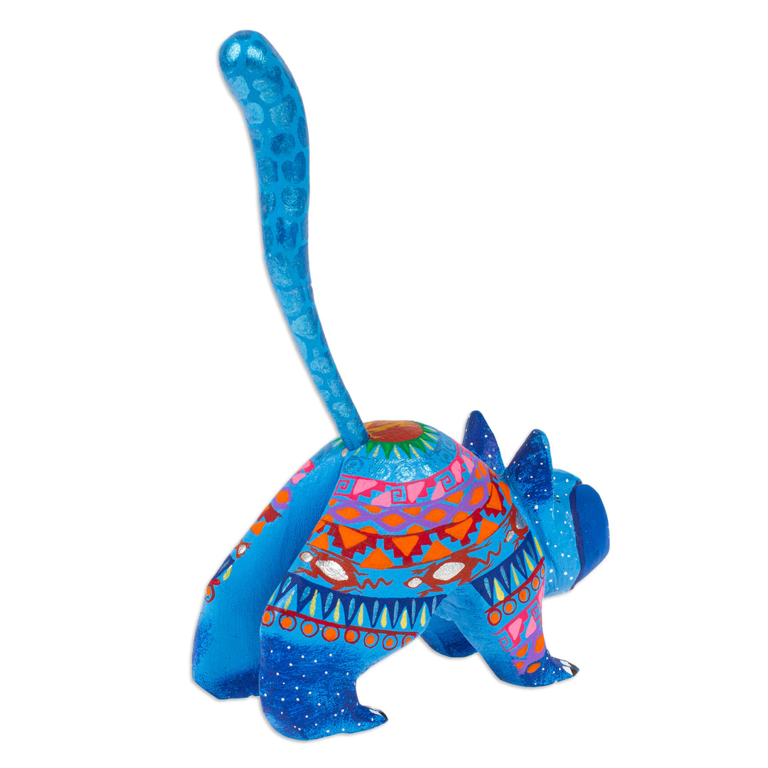 Mexican Alebrije Cat Sculpture - Blue Cat Greeting