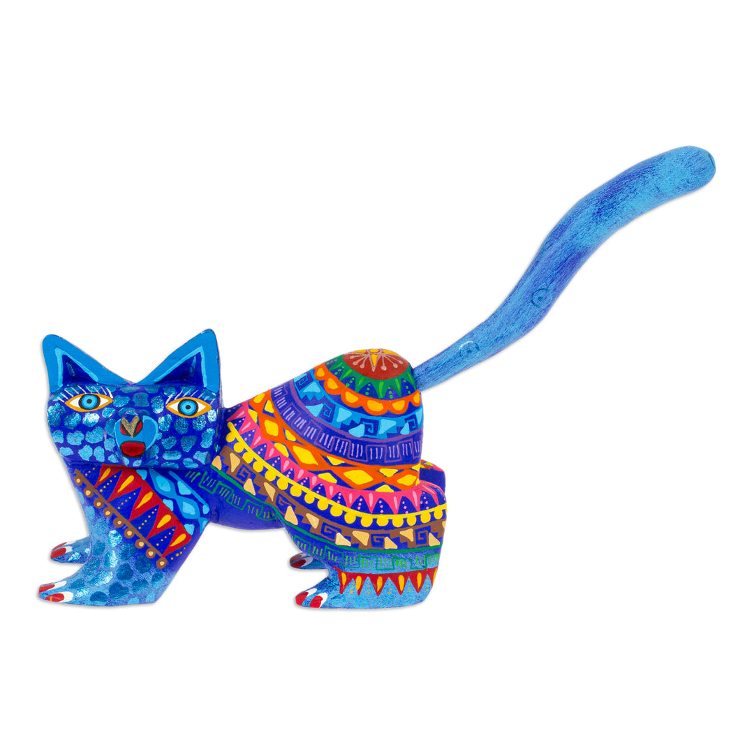 Mexican Alebrije Cat Sculpture - Playful Blue Kitten