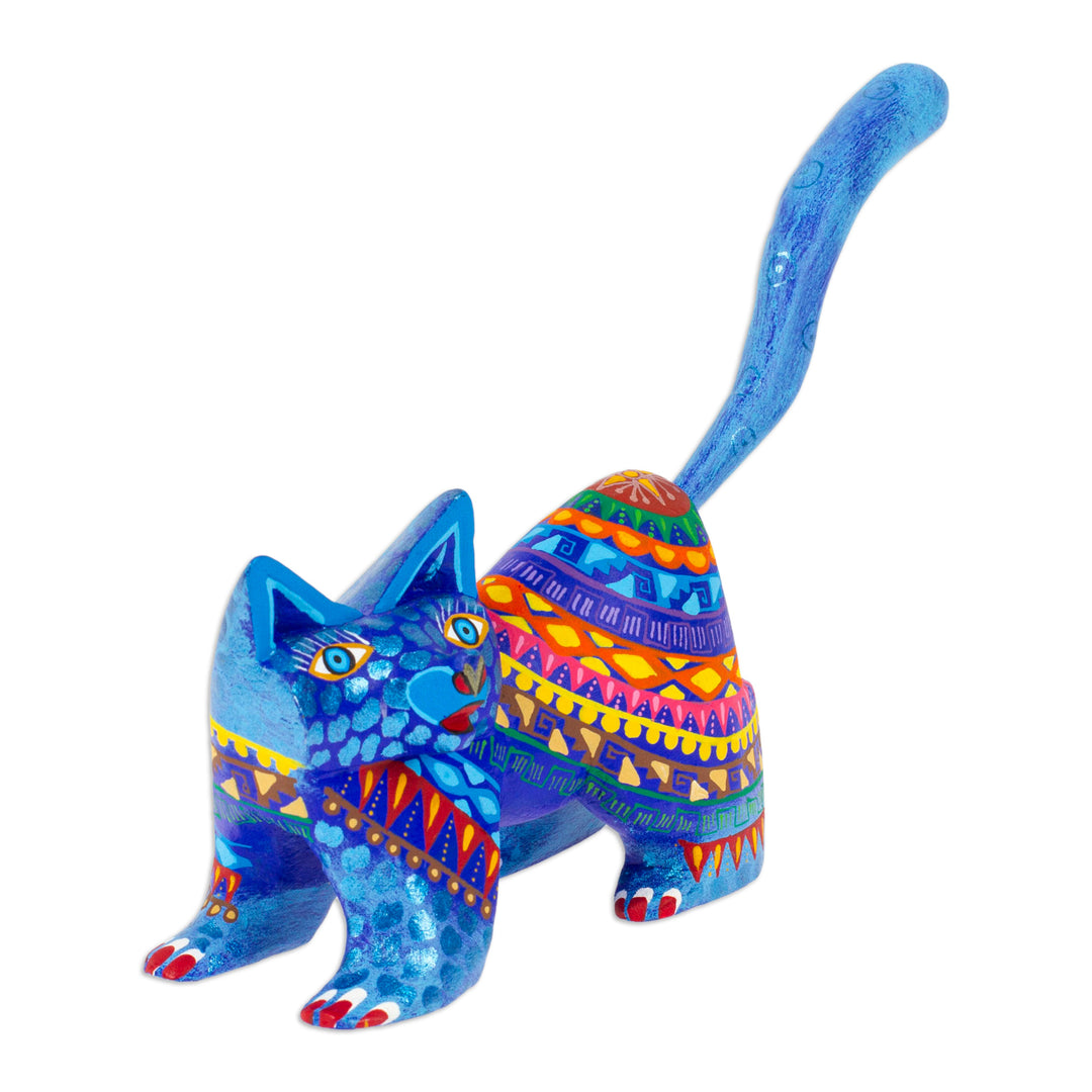 Mexican Alebrije Cat Sculpture - Playful Blue Kitten
