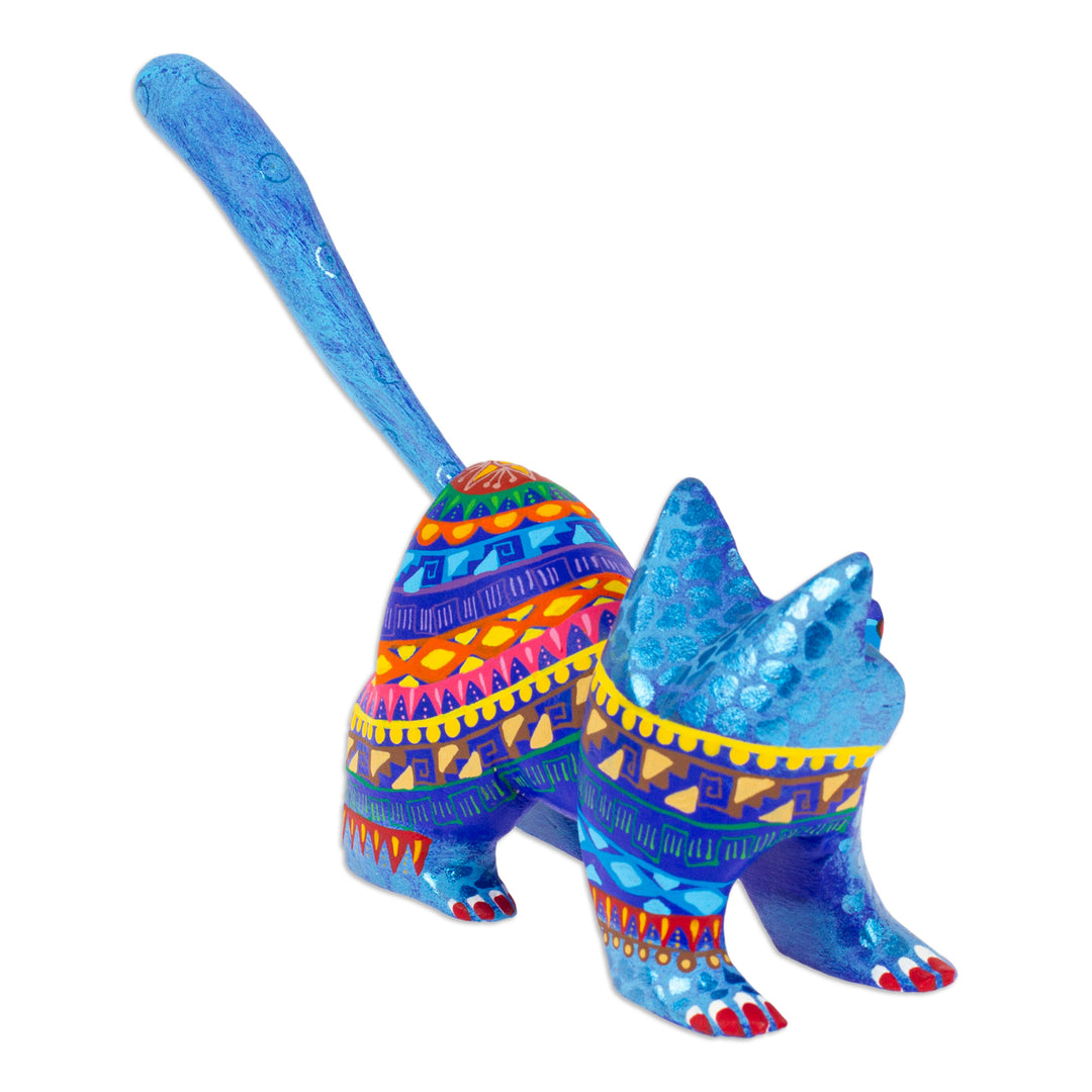 Mexican Alebrije Cat Sculpture - Playful Blue Kitten
