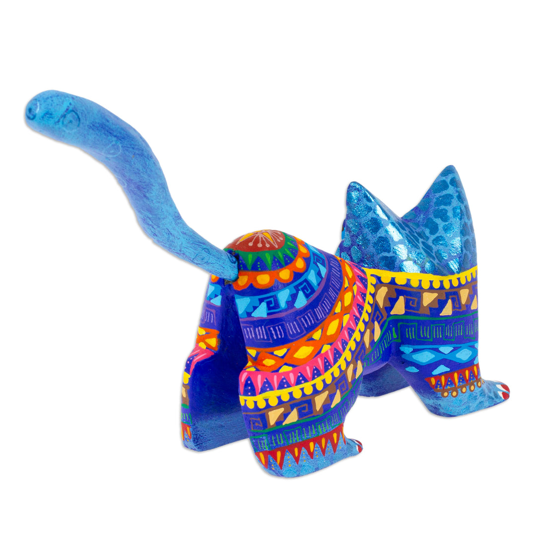 Mexican Alebrije Cat Sculpture - Playful Blue Kitten