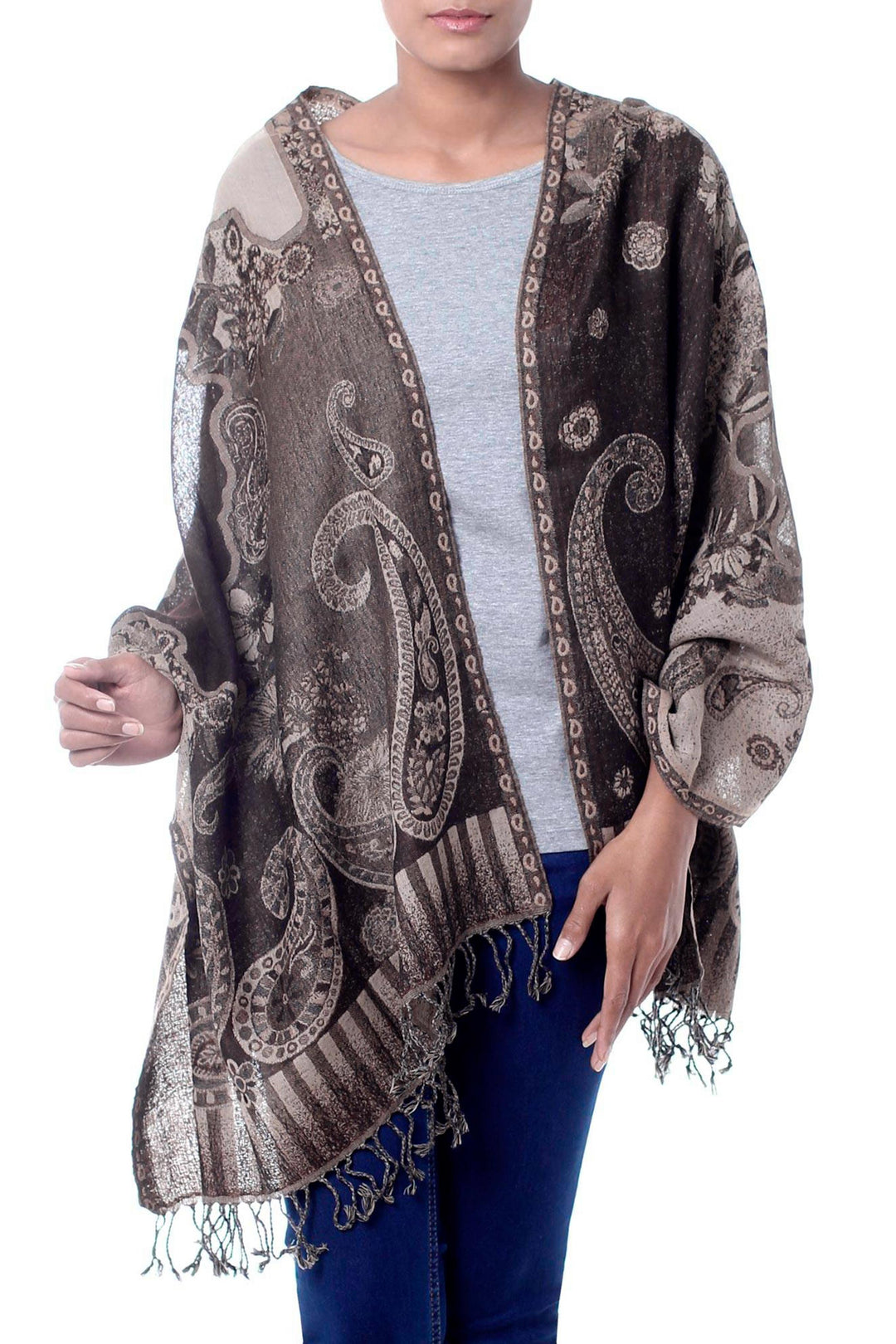 Warm Brown and Beige Wool Jamawar Shawl - Executive Elegance