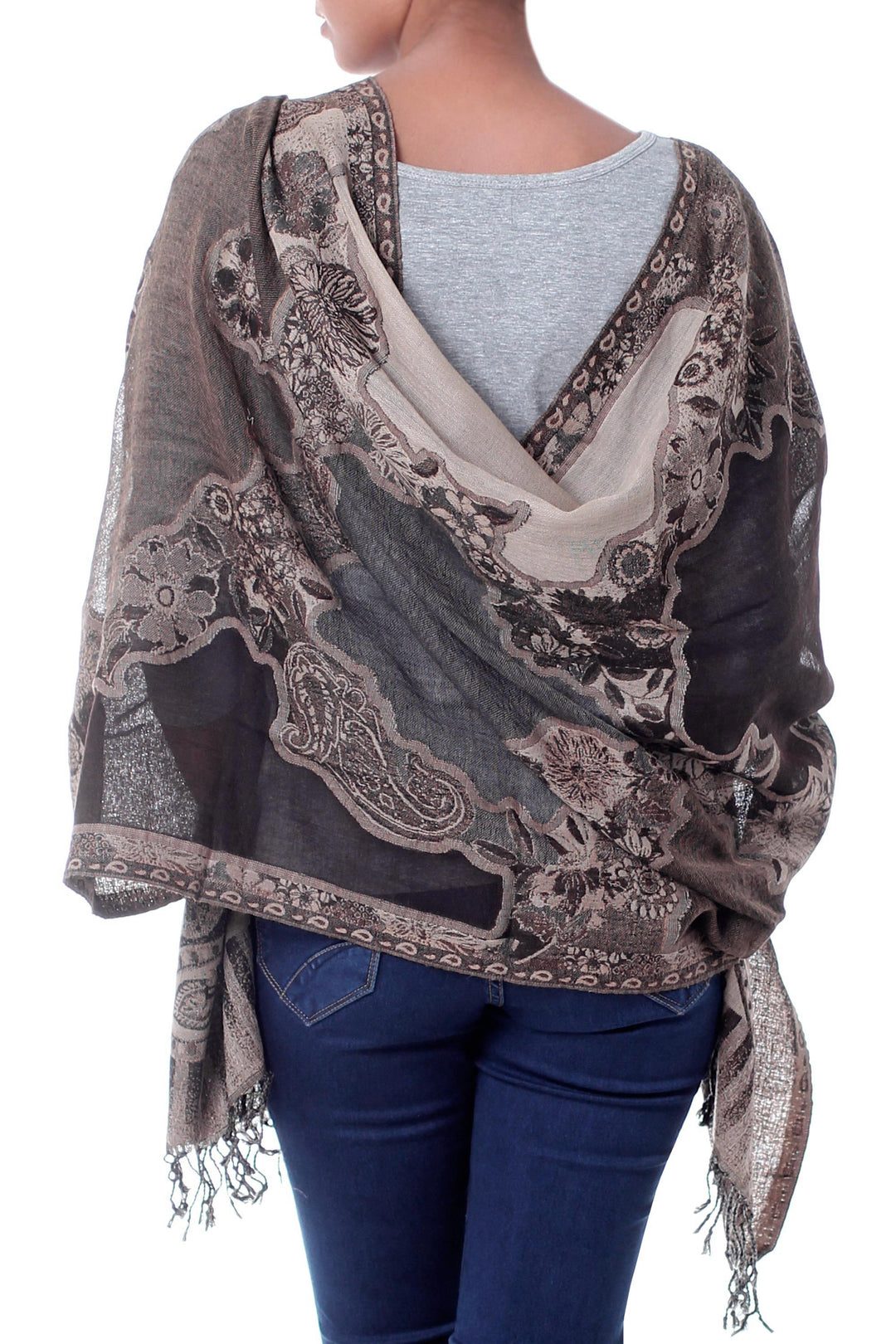 Warm Brown and Beige Wool Jamawar Shawl - Executive Elegance