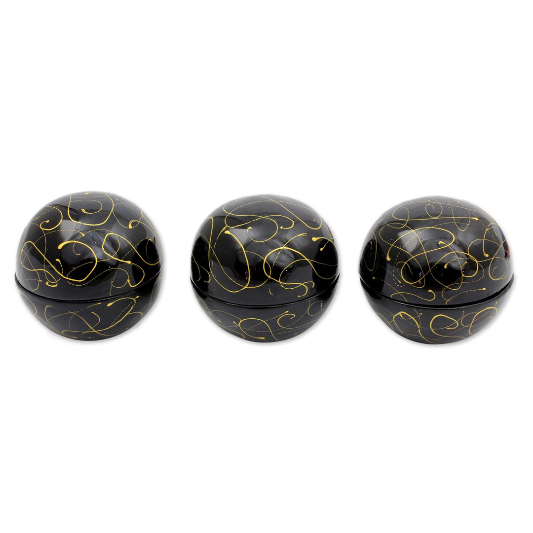 Handcrafted Lacquered Wood Round Decorative Boxes (set of 3) - Golden Universe