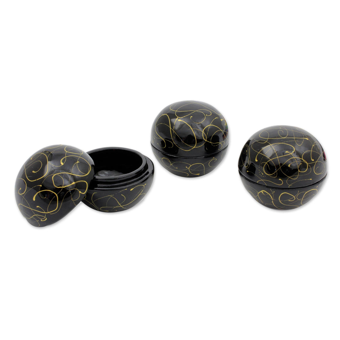 Handcrafted Lacquered Wood Round Decorative Boxes (set of 3) - Golden Universe