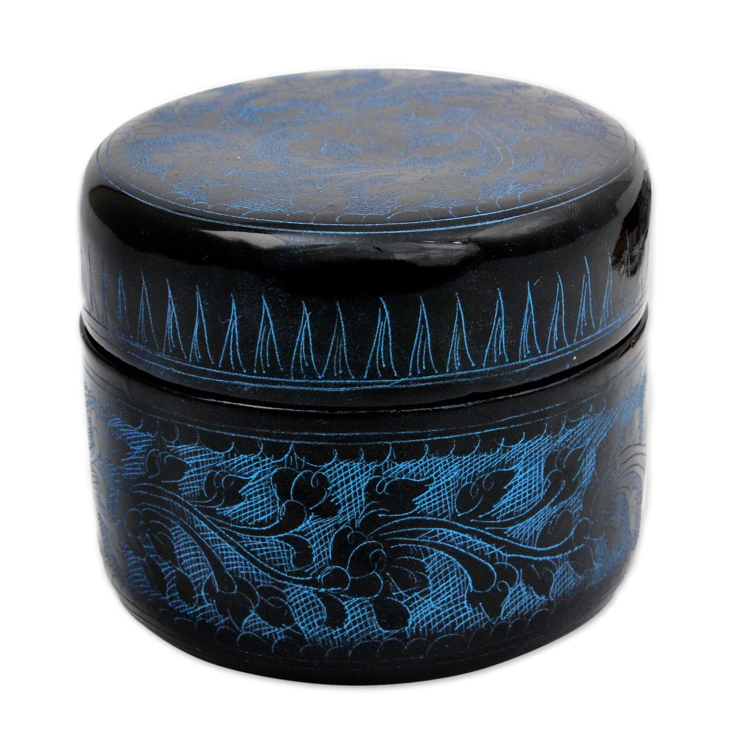 Round Decorative Box Handcrafted Lacquered Wood - Exotic Blue Flora
