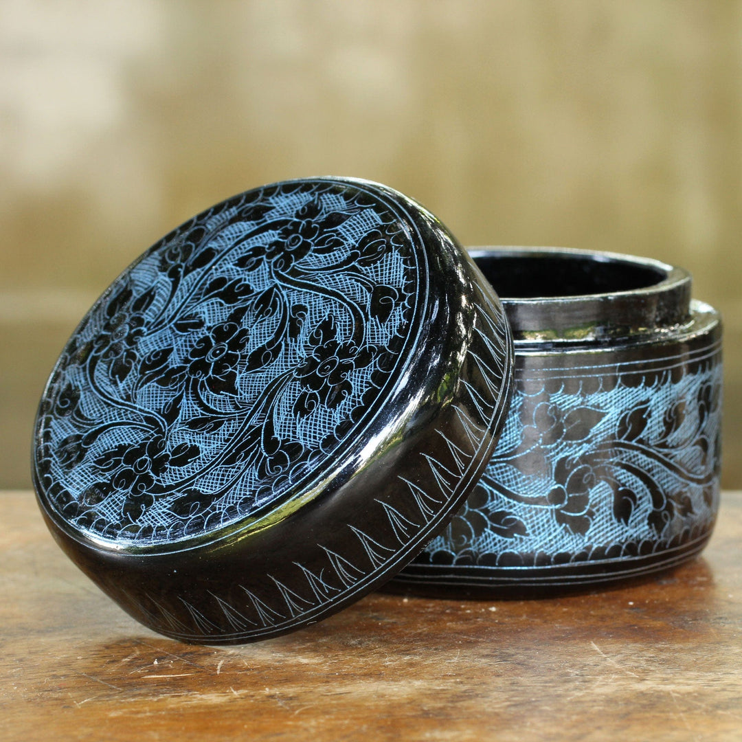 Round Decorative Box Handcrafted Lacquered Wood - Exotic Blue Flora