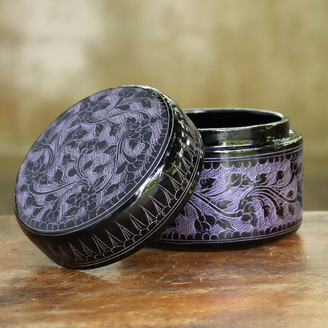 Handcrafted Lacquered Wood Round Decorative Box - Exotic Purple Flora
